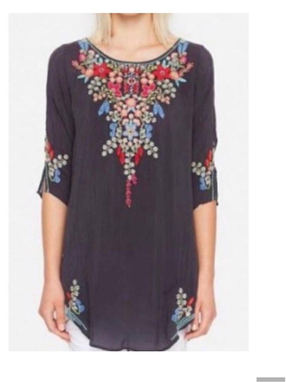 Johnny Was Aubrieta Embroidered Georgette Tunic Top Blouse Small
